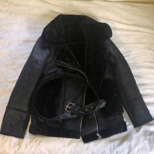 Small Black leather jacket with fur inside and black belt